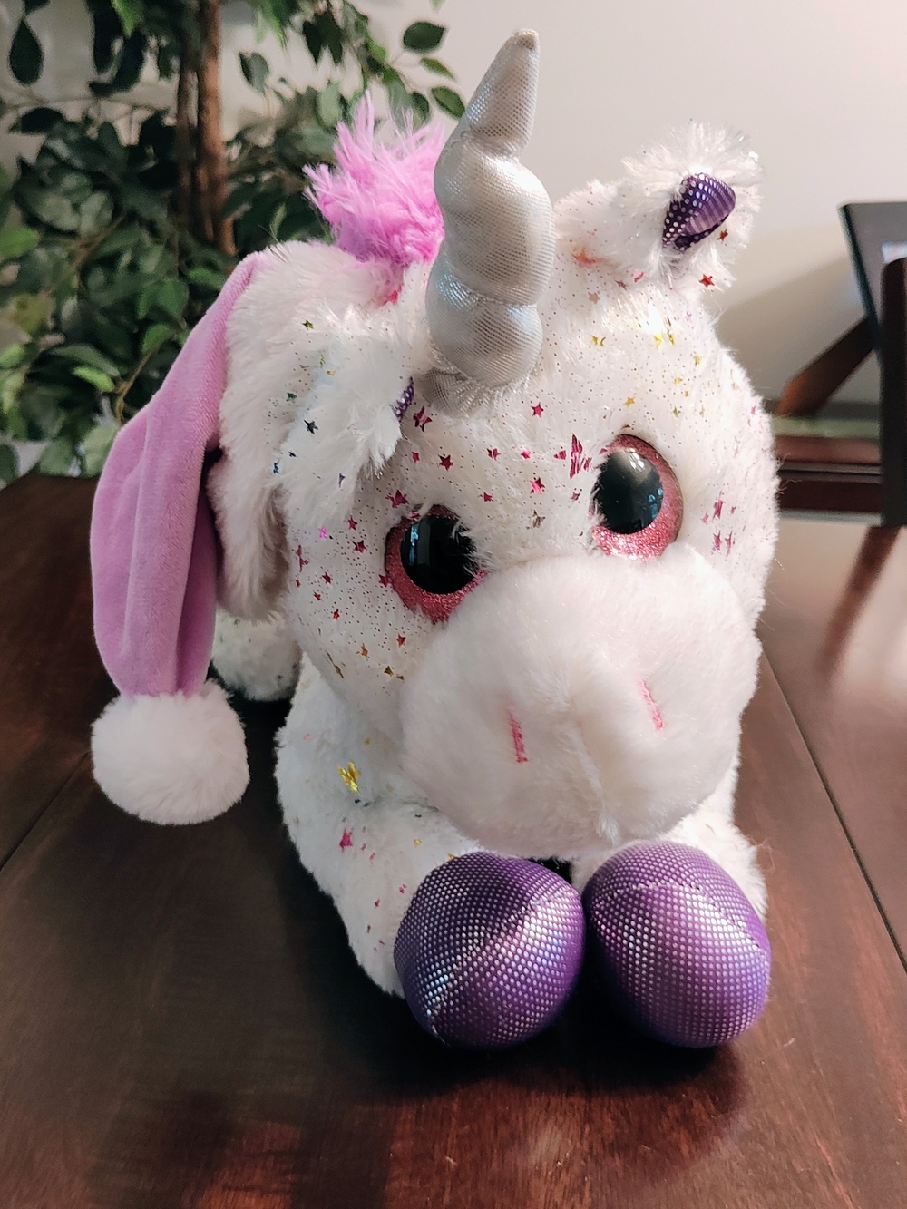 Plush White Unicorn Stuffed Animal with Purple Accents